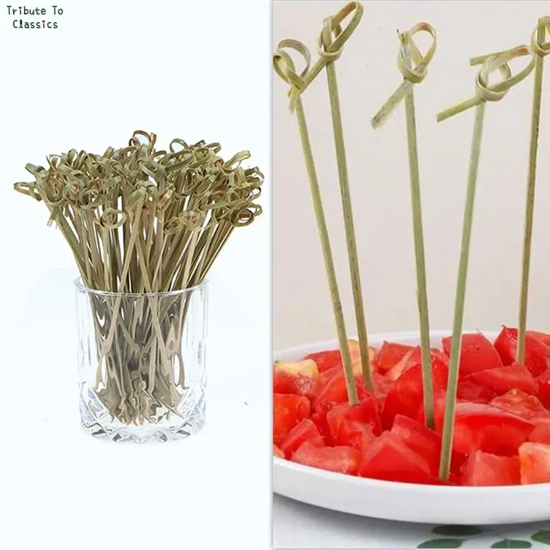 Food Picks 100Pcs Disposable Bamboo Tie Knotted Skewers Twisted Ends Cocktail Food Fruit Fork Sticks Buffet Cupcake Topper