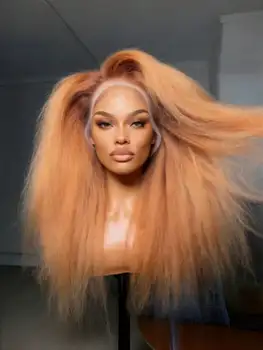 13×4 HD Transparen Kinky Straight Ombre Honey Blonde 200% Yaki Straight Lace Frontal Wigs Human Hair 4/27 Pre Plucked for Women 1