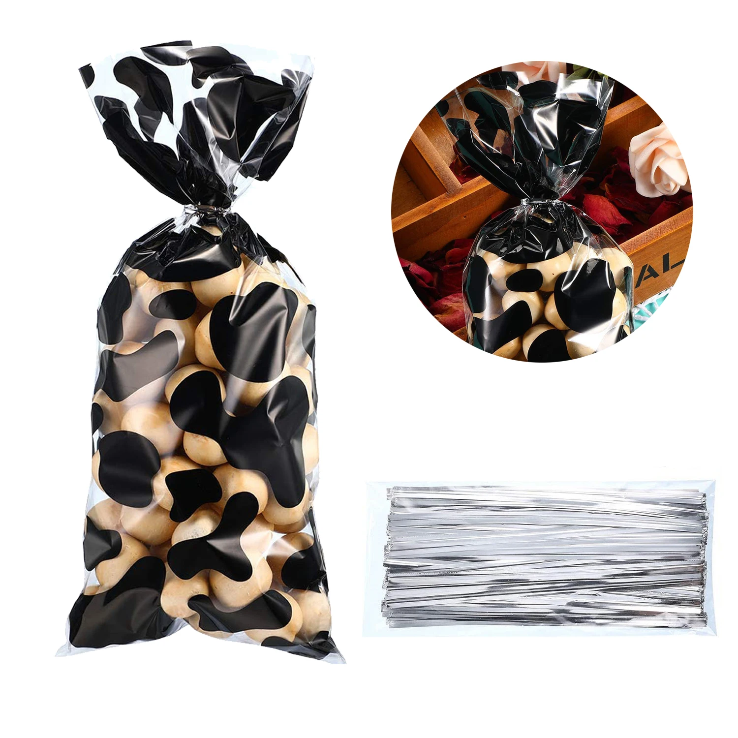 

Cow Print Gift Bag with Twist Ties Loot Bag Kid Birthday Party Supplies Cartoon Animal Theme Decoration Storage Bags