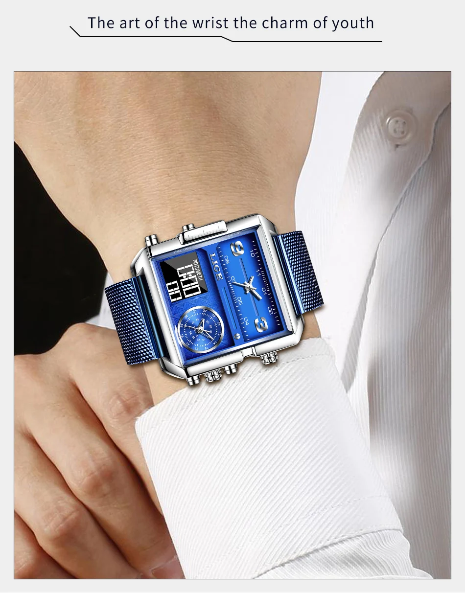 Lige-Relógio Quartz de Luxo Masculino, Impermeável, Quadrado,