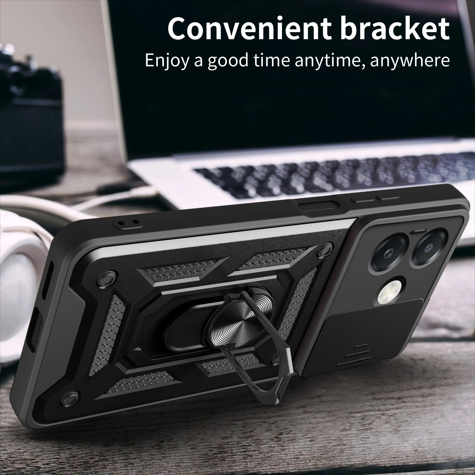 Kickstand Armor Case with Lens Protection and Magnetic Holder - Durable Cover with Kickstand and Lens Protection
