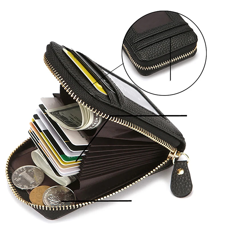 RFID Men's Card Holder Unisex Wallet Genuine Leather Business Card Holder Zipper Card Protect Case ID Bank Card Holders Purse 4