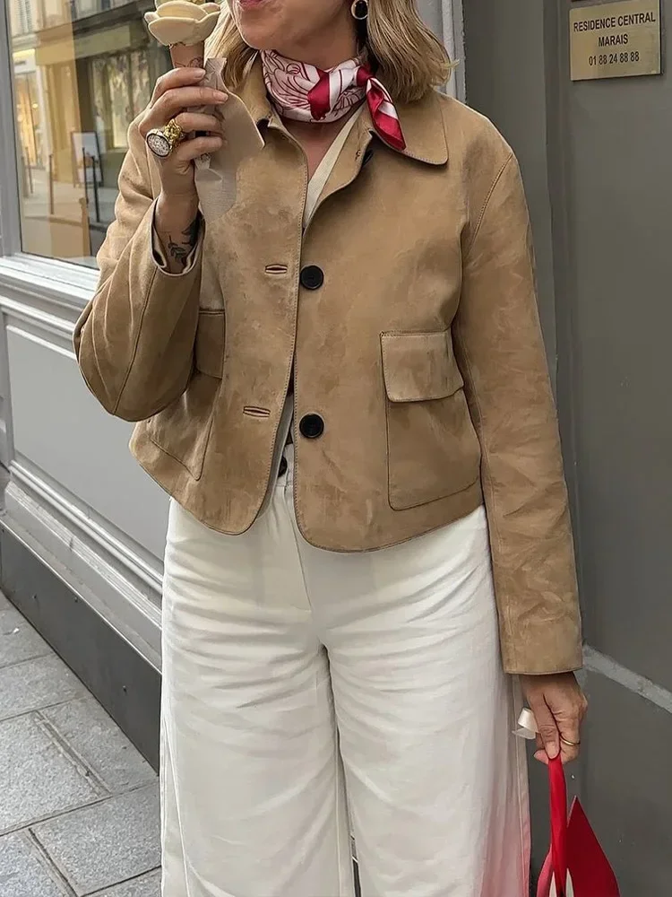 2024 Autumn Lady New Streetwear Fashion Suede Leather Long Sleeve Cropped Jacket Women Casual Lapel Single Breasted Pockets Coat - Image 6