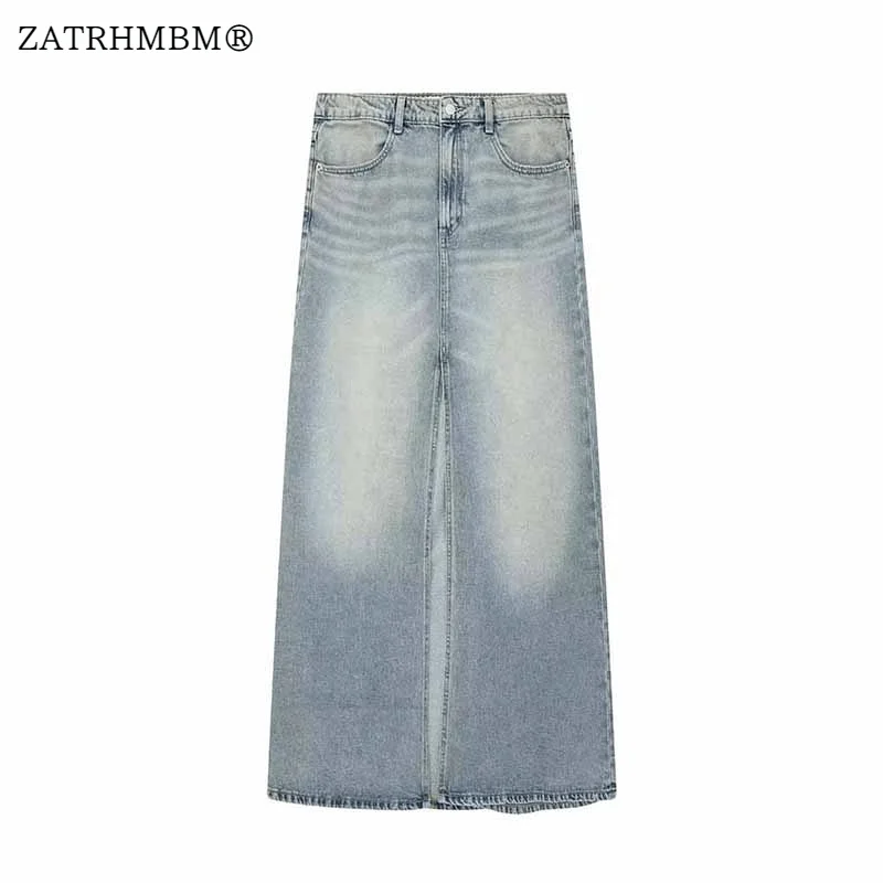 

ZATRHMBM Women 2023 Autumn Fashion Street Style Denim Skirt Vintage Side Pockets Zip Fly High-Waisted Female Skirts Mujer