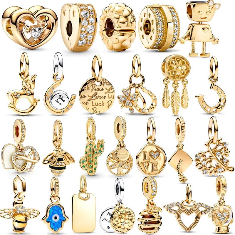 

24K Gold Plated 925 Silver Charm Bead Lucky Clover Charm Blue Hamsa Hand Dangle Fit Original Pandora Bracelet DIY Women Jewelry