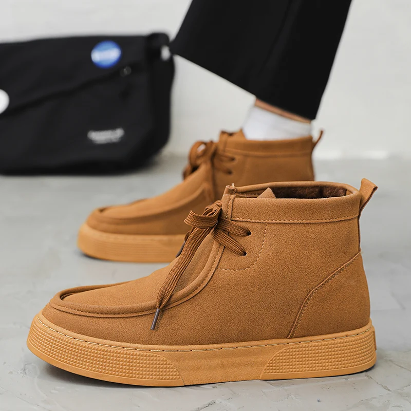 Vintage Brown Flat Casual Shoes Men Lace up Ankle Boots High Top Suede Sneakers Men Loafers Comfortable Work Men Vulcanize Shoes 3