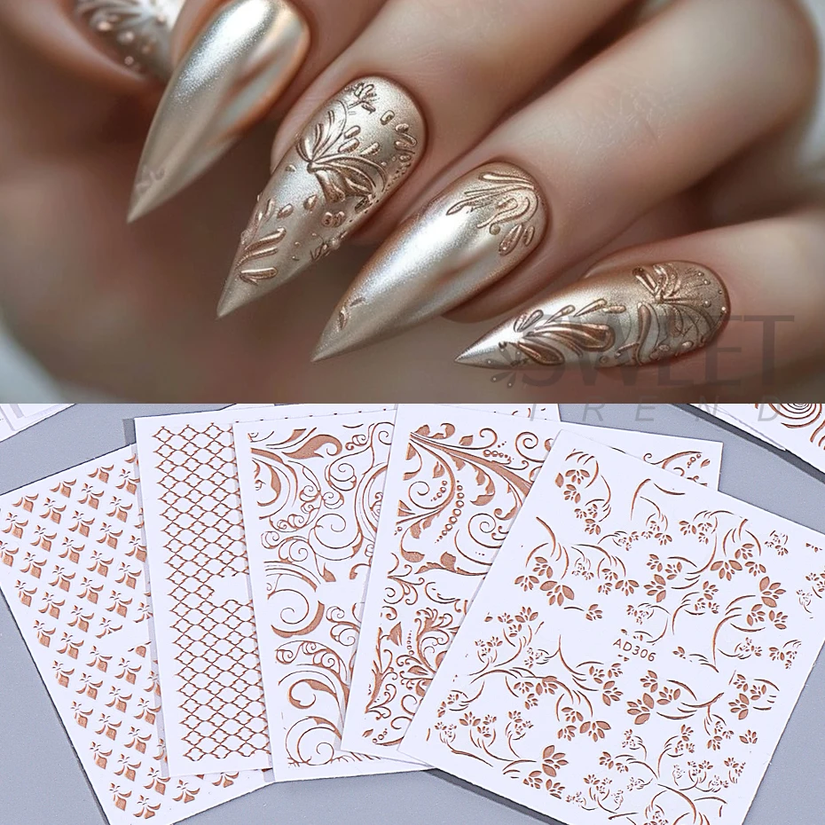 26pcs Metallic Lace Flowers Vine Nails Stickers 3D Retro Hollow Gold Silver Lace Line Self-Adhesive Nail Decals Manicure Decor