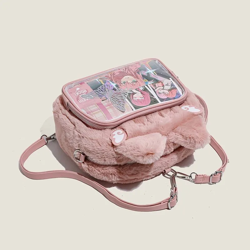 JIAERDI Sweet Cute Cat Pink Mini Backpack Women Harajuku Aesthetic Plush Soft Ita Bag Messenger Bag Student Kawaii Backpacks