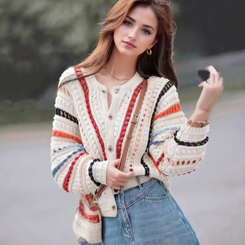 New Women's Striped Crew Neck Cardigan Lantern Sleeve Sweater Contrast Color Fashion Casual Women's Knitwear Autumn Winter Top