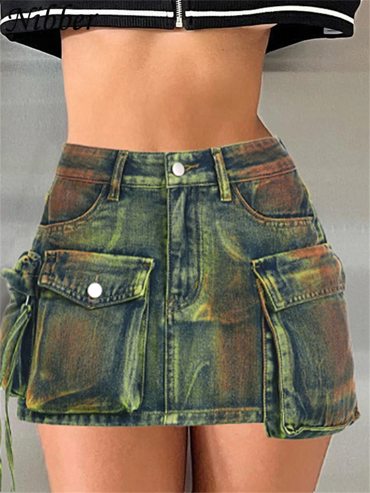 

Nibber Denim Retro Vintage Pocket A-Line Mini Skirt Women Concise Fashion Female Tight Sexy Bottoms Streetwear Clothing