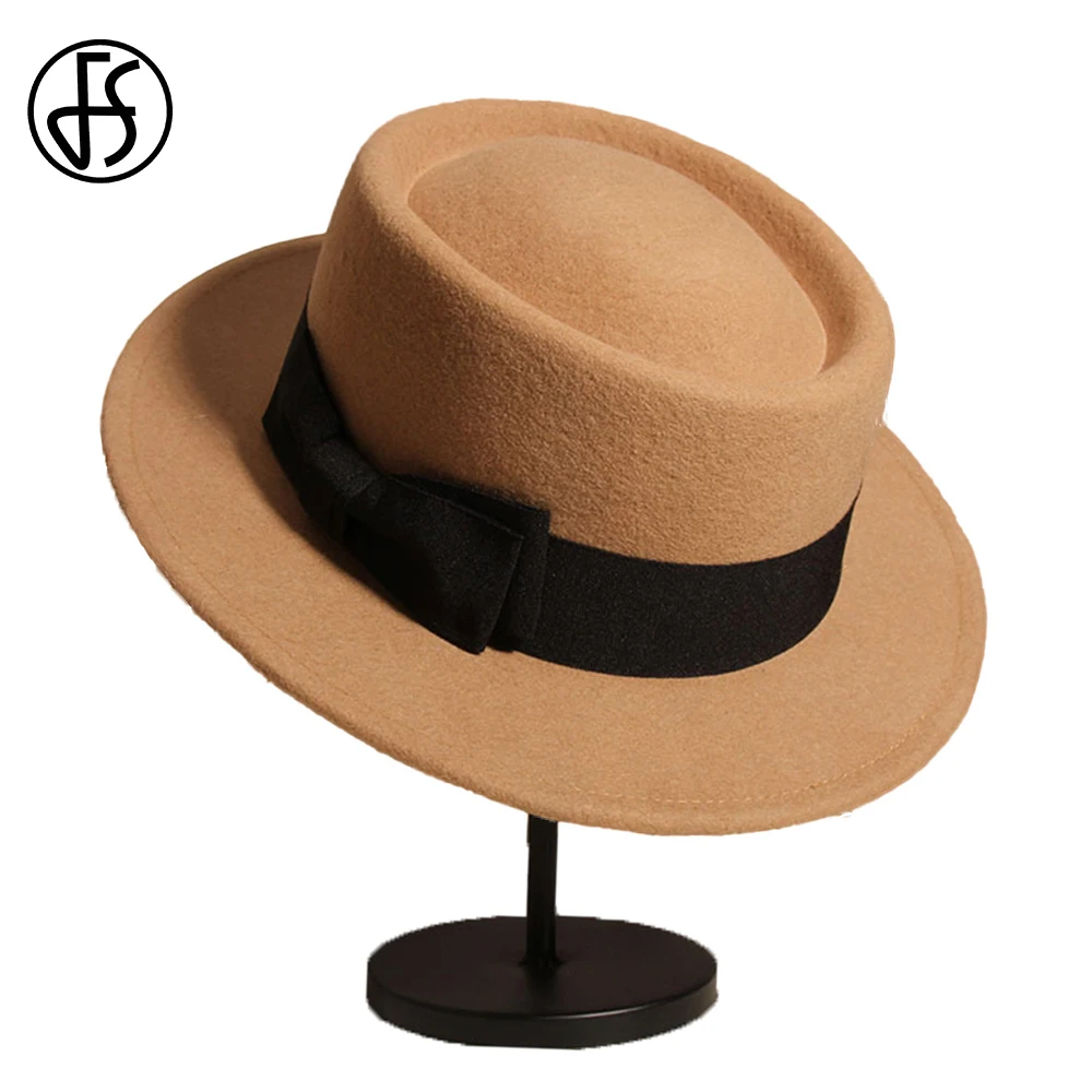 FS British Vintage White Wool Flat Top Hats For Women With Bow French