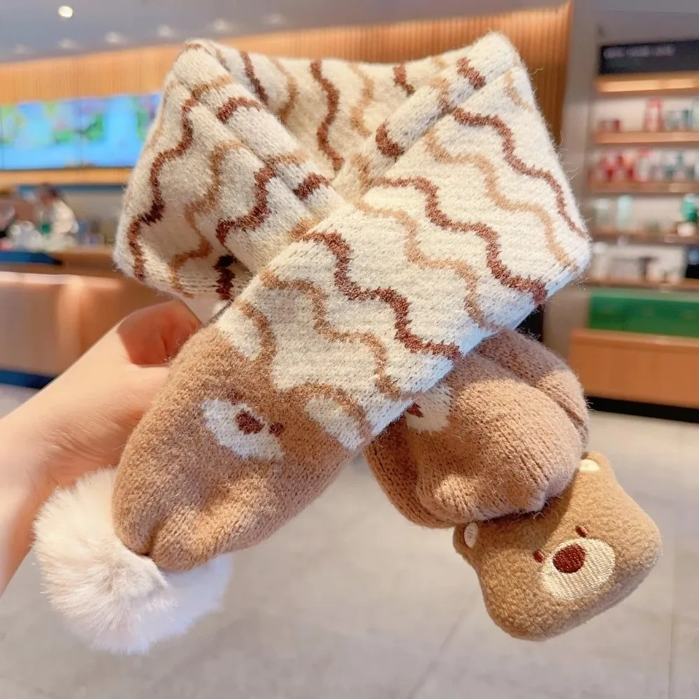 두꺼운 어린이 스카프 방한 크로스 스카프 목 스카프 귀여운 밀크 커피 작은 곰 니트 스카프 소년과 소녀를위한