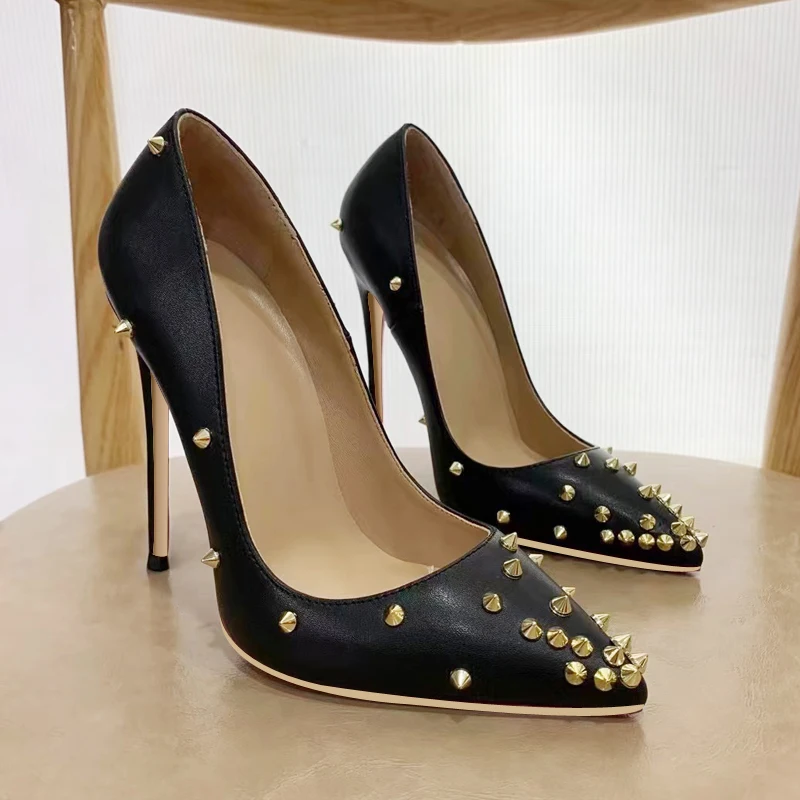 

Black Rivet high heels Shining Pointed stiletto high heels Pumps for women Wedding party shoes Luxury designer shoes