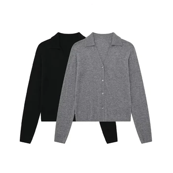 TRAF Women Fashion Fitted Knit Polo Cardigan Sweater Vintage Long Sleeve Front Button Female Outerwear Chic Tops