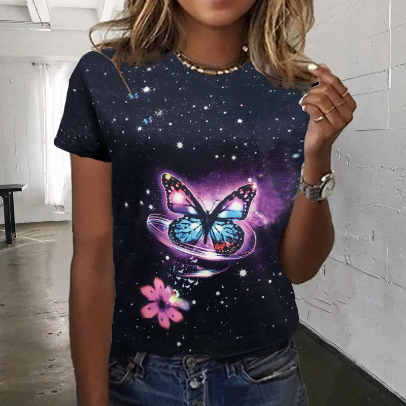 

2023 Summer New Women's Butterfly Casual Loose Short-sleeved Top Fashion Commuter Printing T-shirt Women Bottoming Shirt Lady
