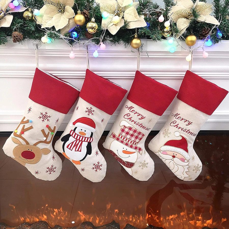 4 Pcs 46cm Knitted Christmas Socks Gift Candy Bag Elk Santa Claus Pattern Red Socks Hanging Decoration New Year Children's Gift
