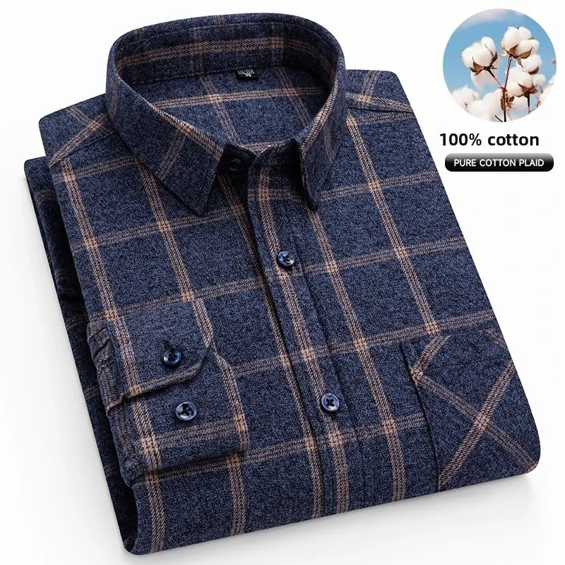 Men's Pure Cotton Plaid Long Sleeve Oversized Casual Shirt - Autumn Collection, Regular Fit
