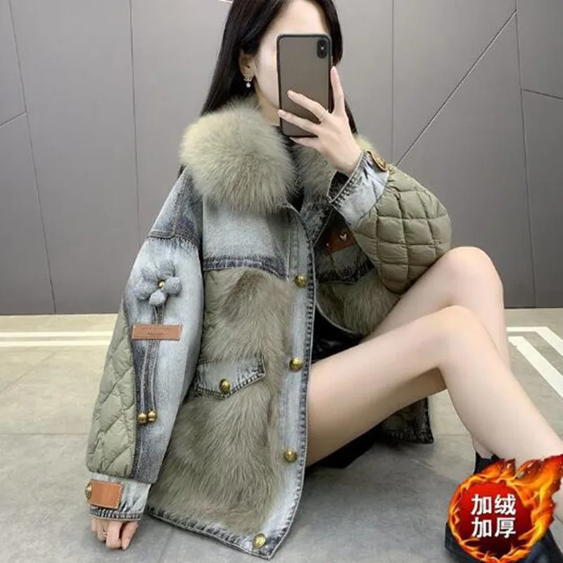 

Denim cotton-padded suit imitation mink fur new coat in the long cotton-padded coat female 2023 winter thicker warm