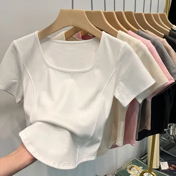 Fashion Summer Square Neck T-shirt Sweet Simplicity Slim Top Casual Trendy Short Top Female 1