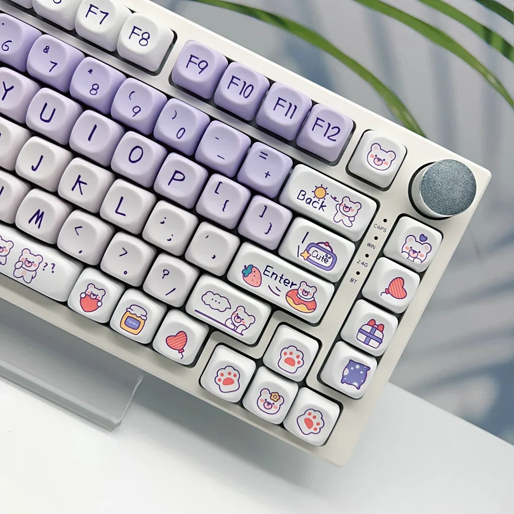 

138Keys Purple Keycap Cute Bear Moa Pbt Sublimation Round For 68/75/87/98/108 Mechanical Keyboard Diy Flower Strawberry Keycap