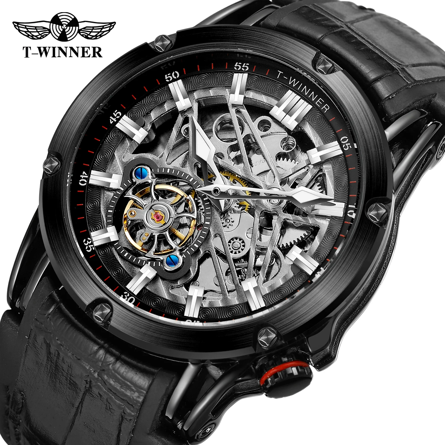 

T-Winner New 2023 Men Automatic Mechanical Movement Watch Leather Strap Skeleton Fashion Waterproof for Male Gift Watches