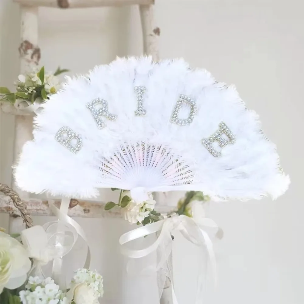Elegant White Feather Fan Bride Handmade Hand Held Fan Dance Performance Fans Party