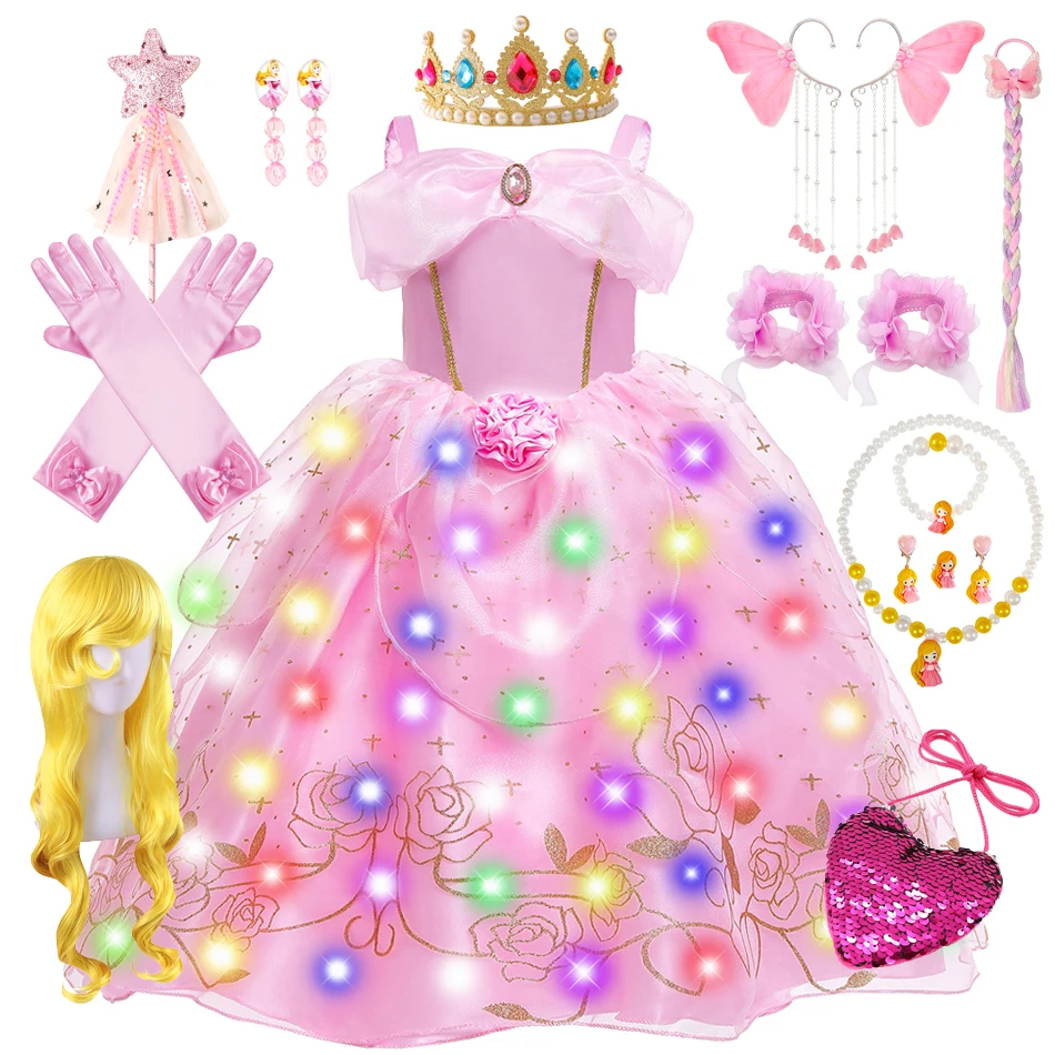 Sleeping Beauty Aurora Princess Party Dress Up For Girls Halloween Pink Floral Mesh Costume Bambini Rapunzel Abbigliamento Regalo Di Compleanno