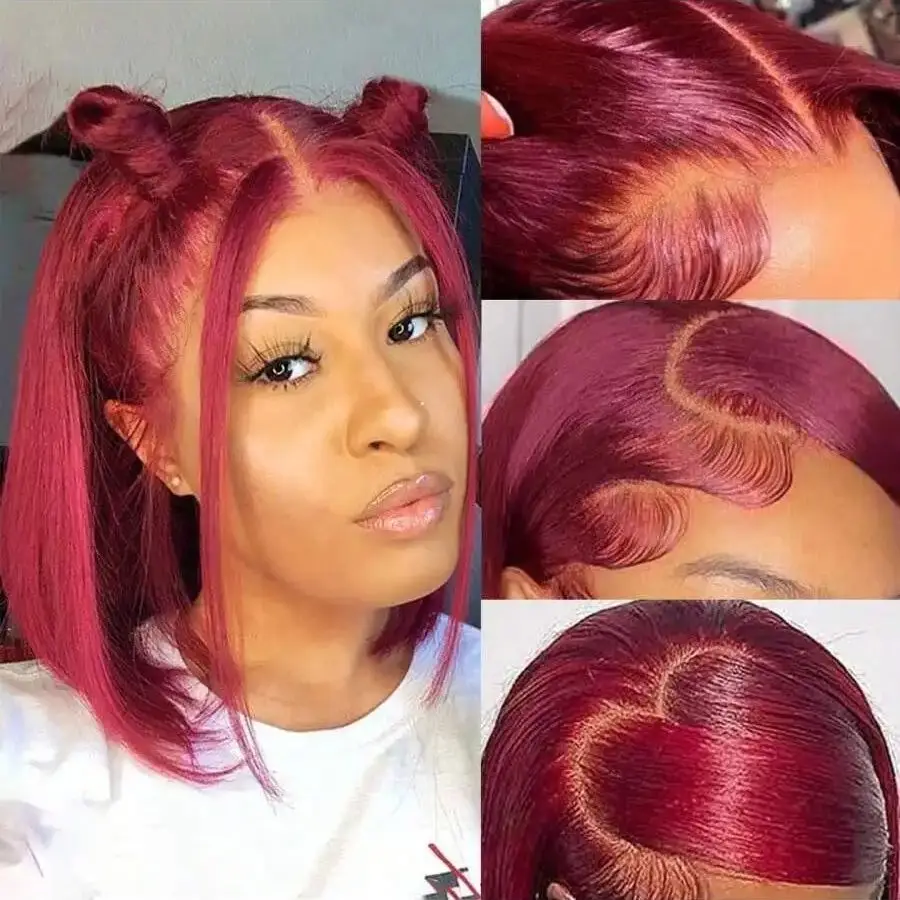 Burgundy 8-34 Inch 200% Straight Bob Wig 13x4 Transparent Lace Frontal Wig Human Hair 99J Red Colored Pre Plucked With Baby Hair 4