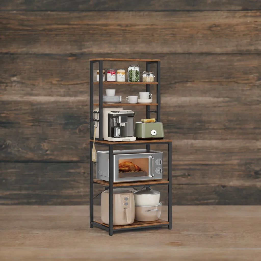 VASAGLE Coffee Bar, 6-Tier Kitchen Shelves with 6 Hooks, Baker’s Rack for Kitchen, Microwave Stand, Industrial 2