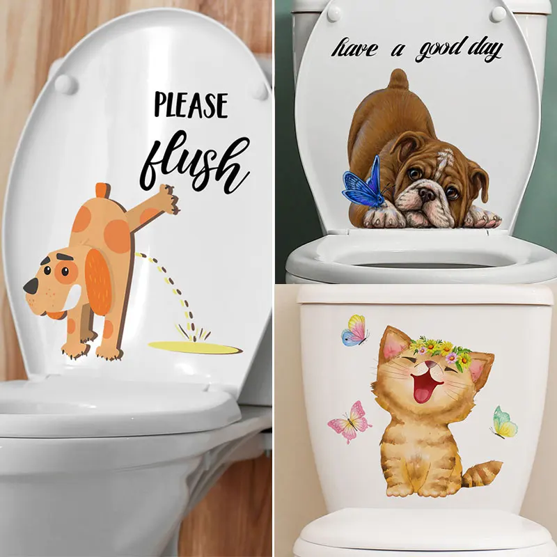 M25 Cartoon Animal Puppy Butterfly Funny Toilet Stickers Minzione Coperchio Del Water Wc Adesivo Per Porta Decalcomania Rimovibile