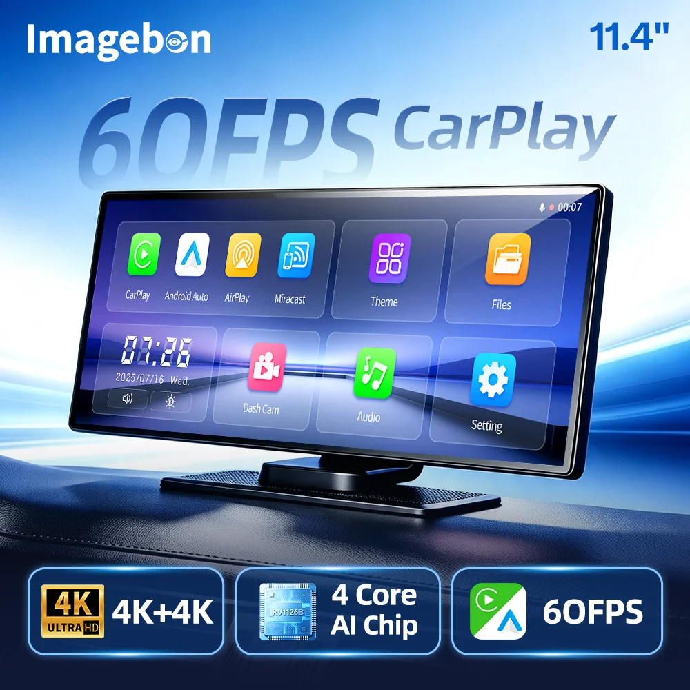 شاشة سيارة ذكية عالية الجودة من الجيل الجديد 2026 بحجم 11.4 بوصة، تسجيل مزدوج القناة 4K+4K أمامي+خلفي، تدعم CarPlay وAndroid Auto،...