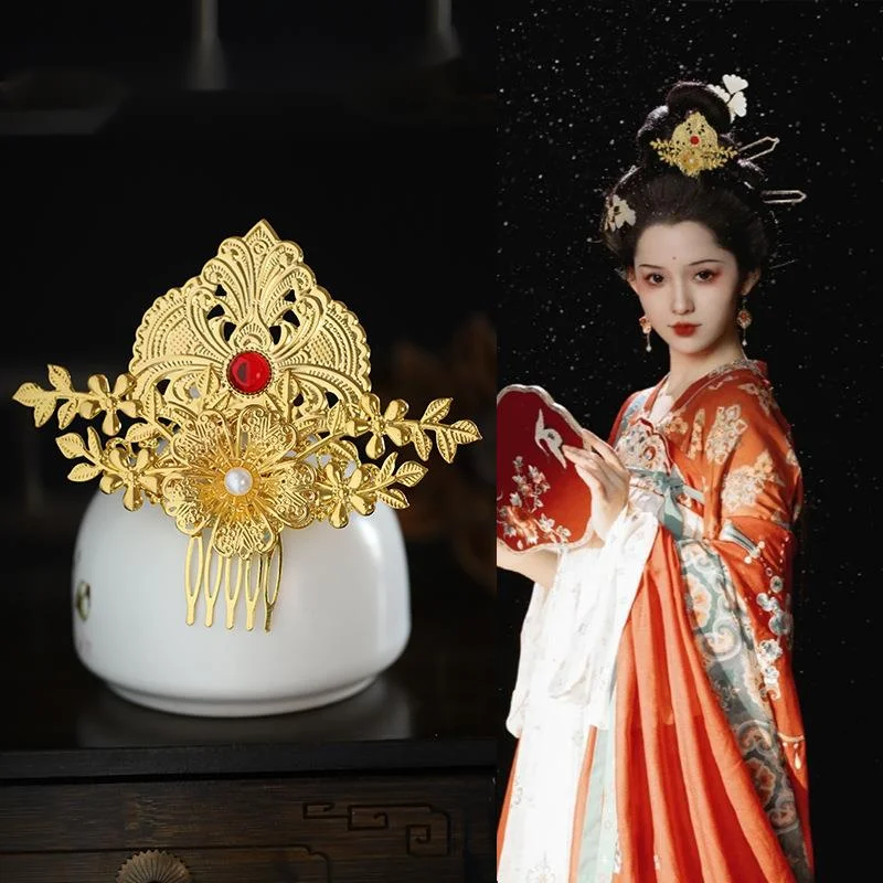 Coiffe dorée Hanfu de style ancien, fée volante de Dunhuang, ornements de cheveux pour femmes riches, couronne de cheveux à franges de palais_voghion.com