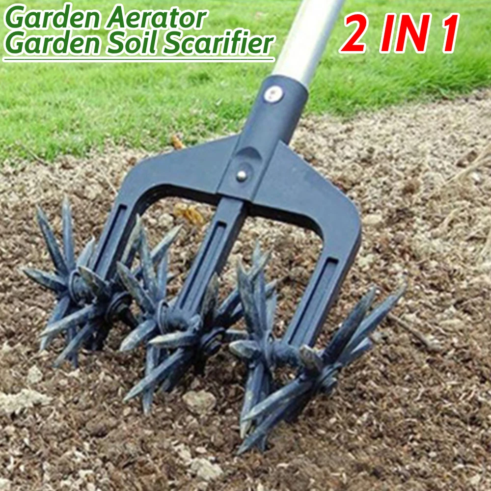 2 in 1 Garden Aerator Ventilated Scarifier Gardening Rotary Tiller Garden Lawn Ripper Soil Plowing Tool for Lawn