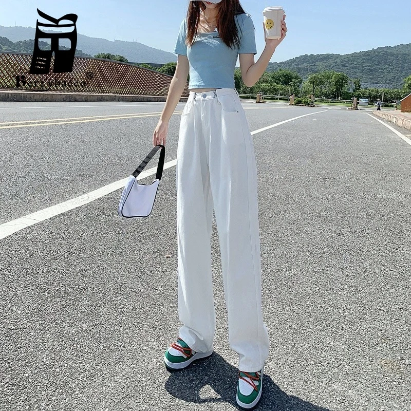 Pantalones holgados de para mujer, ropa de calle recta, Color blanco y negro, pantalones de cintura alta, pantalones vaqueros de pierna ancha para mamá, 2022| | - AliExpress