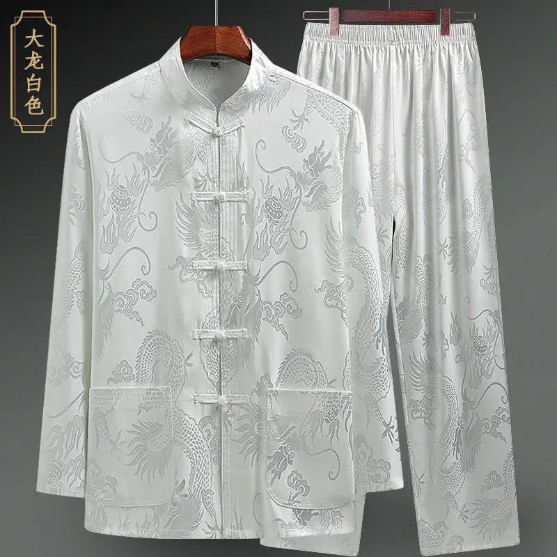 Men Silk Satin Shirt Chinese Traditional Tang Suit Smooth Men Dragon Print Shirt Business Chemise Homme Casual Kong Fu Shirts chinese men hanfu top