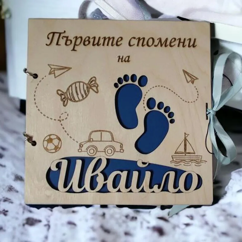 Personalized Photo Album,Wooden Covers Baby Book,First Year Baby Gift, Baptism Guestbook,Newborn Growth Record Book