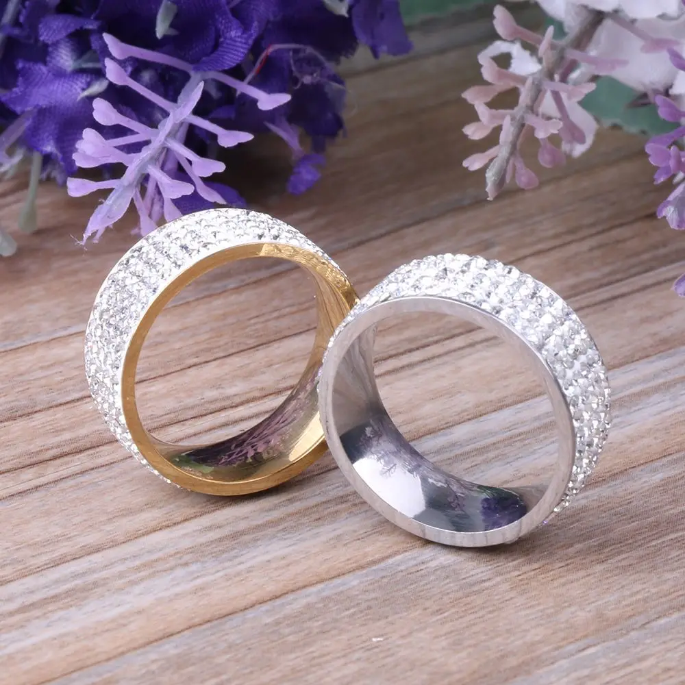 

8mm Stainless Steel Band Ring Unisex Full Filled Zircon Crytral Rings Fashion Jewelry Size 8-12