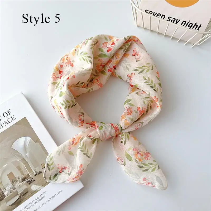 Girls Cotton Linen Small Square Scarf Hijab Shawl Korean Chic Floral Printed Headband Neckerchief Hair Accessoories 58*58cm 5