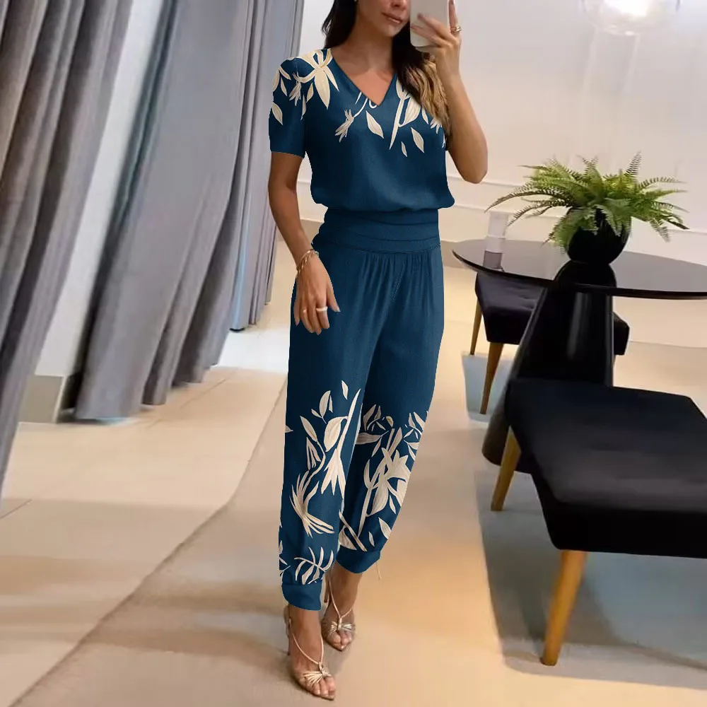2024 New Long Pant Sets Summer Fashion Casual V-neck Print Short Sleeve Trousers Suit Two-piece Set 2 Piece Sets Women Outfit
