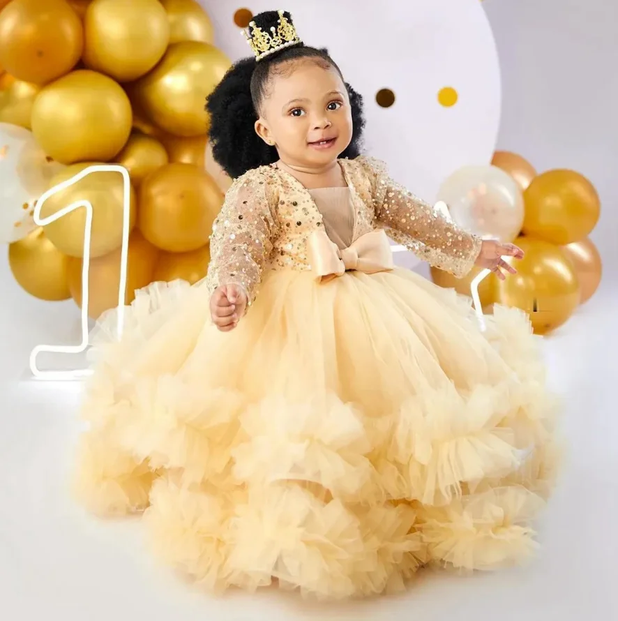 

Sparkling Flower Girl Dresses V Neck Long Sleeves Gold Sequined Tiered Tulle Ball Gowns Baby Girls Dress Birthday Party Dress