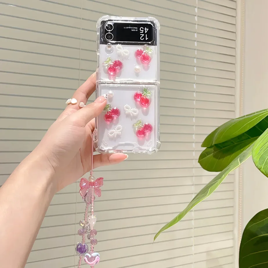 Charming 3D Cherry Wrist Strap Transparent Phone Case