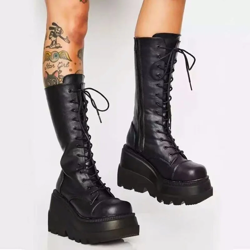 

Spring/Autumn Motorcycle Boots Women Mid-Calf Boots Wedges Lace-up Fashion Solid Women Casual Boots Cool Height Increasing