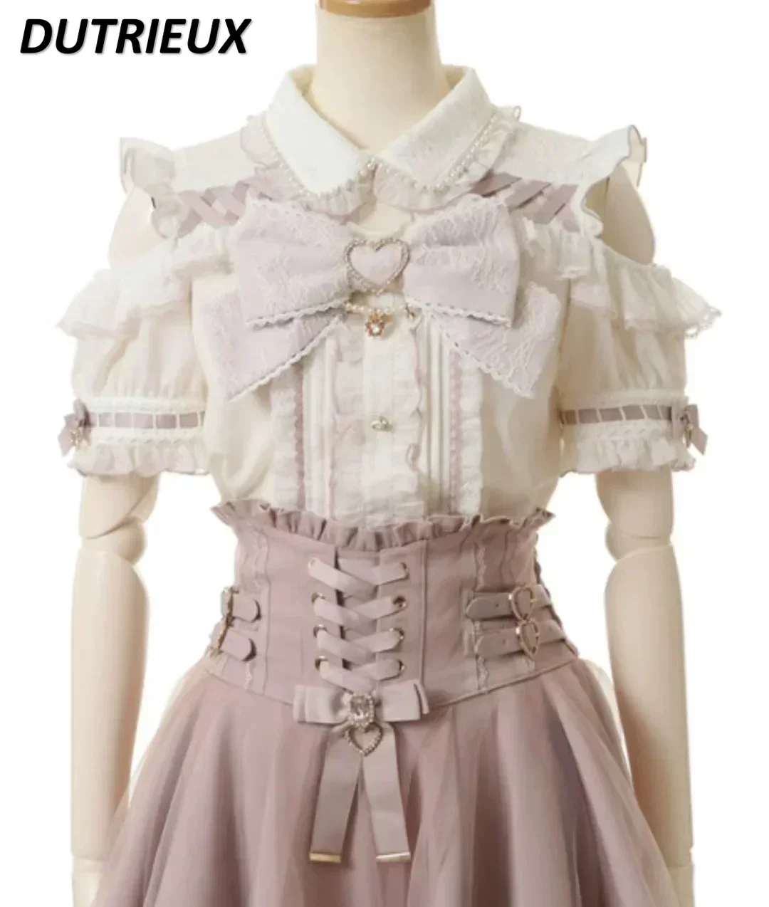 Japanese Mine Off-Shoulder Pearl Collar Cute Sweet Big Bow Shirt Skirt Outfit Women Summer New Lolita Short-Sleeved Shirt Skirts 6