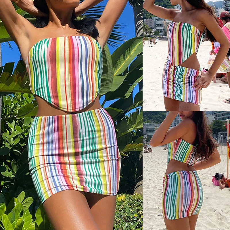 SKMY Elegant Streetwear Rainbow Striped Two Piece Set Women Summer 2023 Sexy Irregualr Strapless Crop Top And Mini Skirt Sets