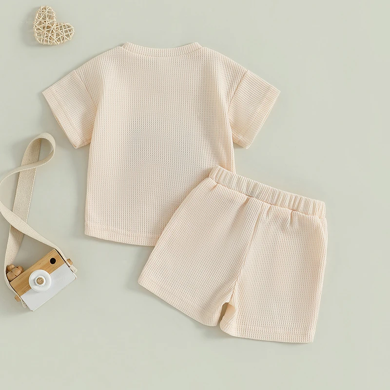 Toddler Boy Summer Waffle Outfits Lion Embroidery Round Neck Short Sleeve Tops with Elastic Waist Shorts Outfit Clothing