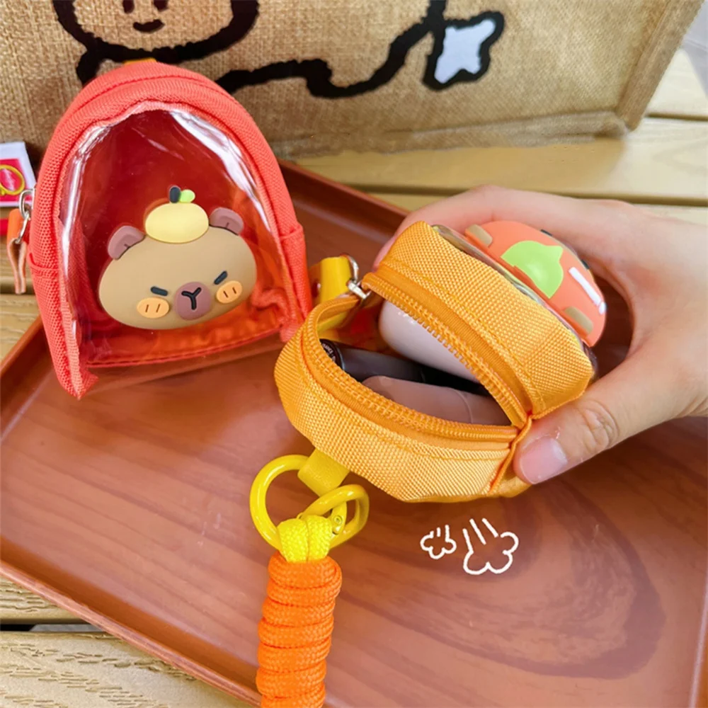 Capybara Transparent Pouch Keychain Panda Cartoon Doll Outdoor Storage Bag Cute Handle Rope Mini Coin Purse Girls Earphone Case