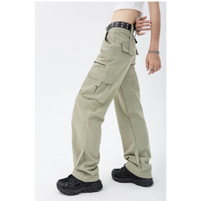 

Vintage Light Green Overalls Jeans Women's Fashion Trousers Hip Hop High Waist Wide Leg Casual Cargo Straight Pants Streetwear