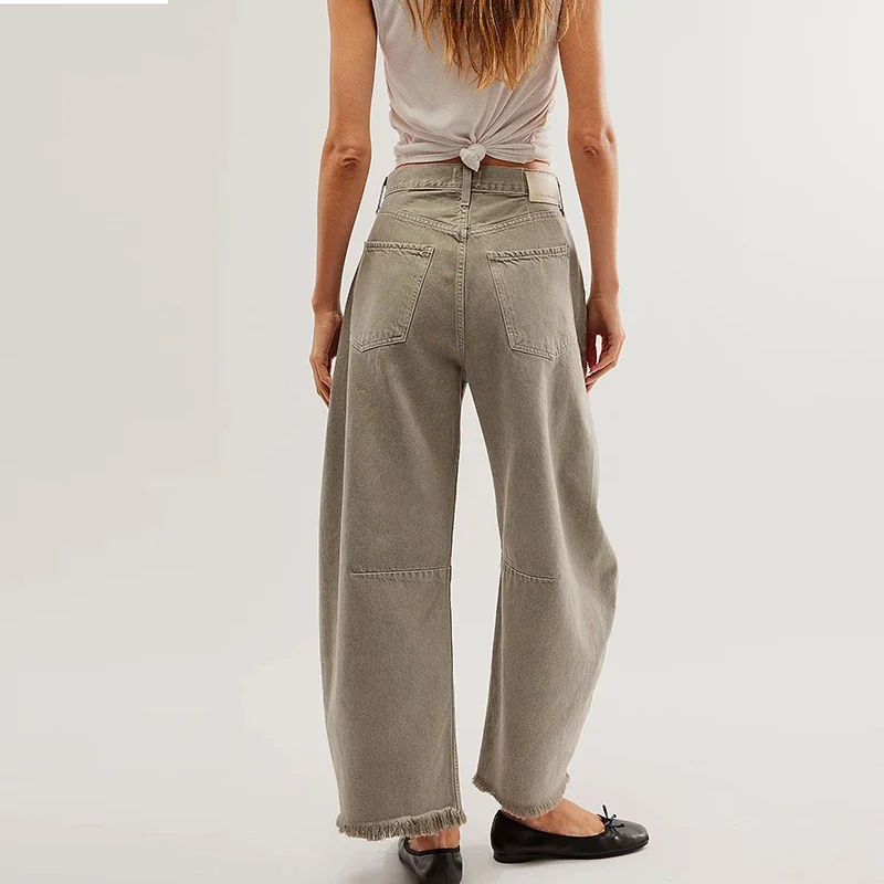 Street Clothing Casual Straight Leg Pants New Solid Color Wide Leg Jeans, Fashionable Button Pocket Short Women's Pants YDL15