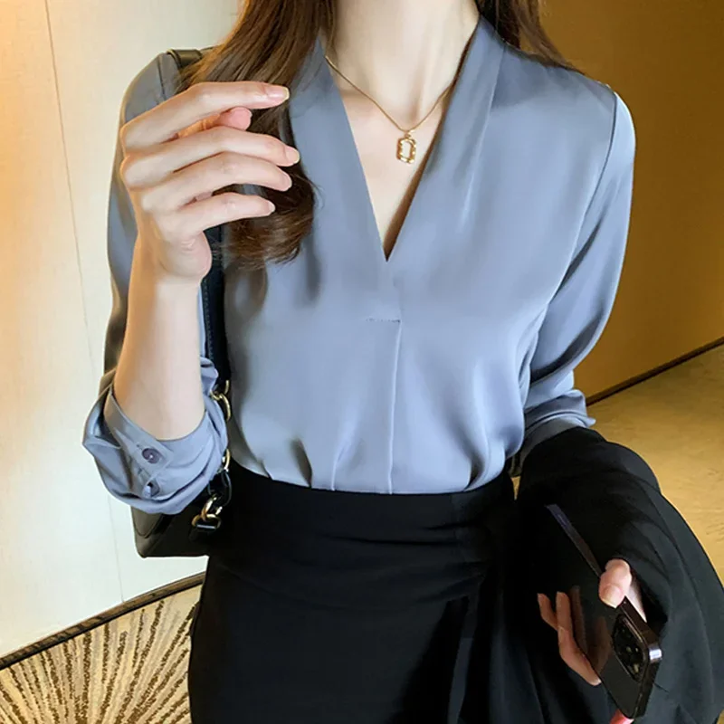 

Autumn V-neck Solid Color Chiffon Blouse Women Tops and Blouses Office Lady Fashion Long Sleeve Shirts 2024 Clothes Blusas 25848