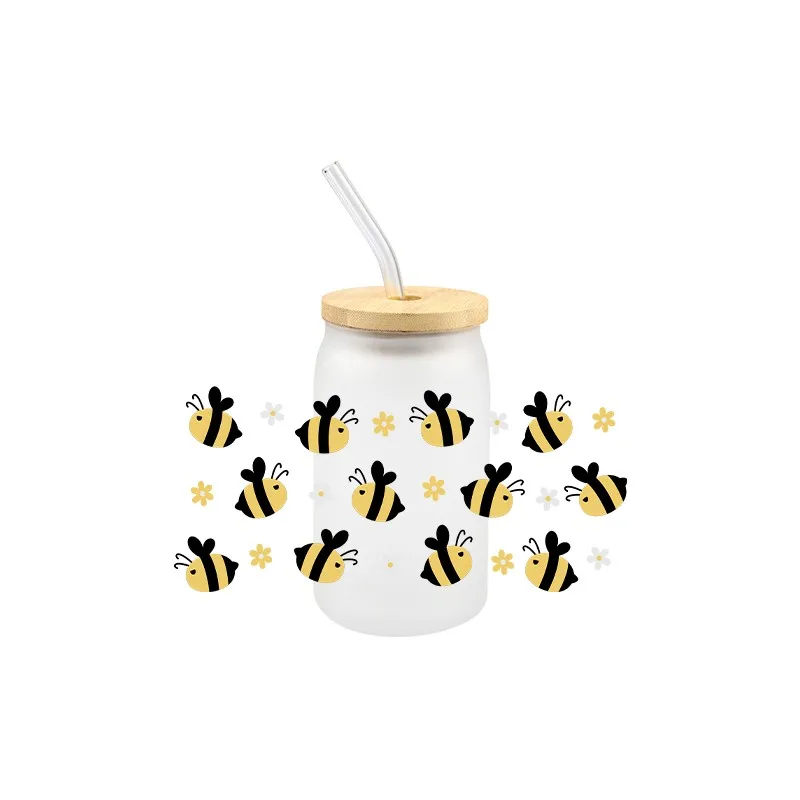 Bees Theme UV DTF Transfer Sticker Cartoon Cute Unique Decals For Wraps Cup Libbey Glass Cup Design Sticker 3D